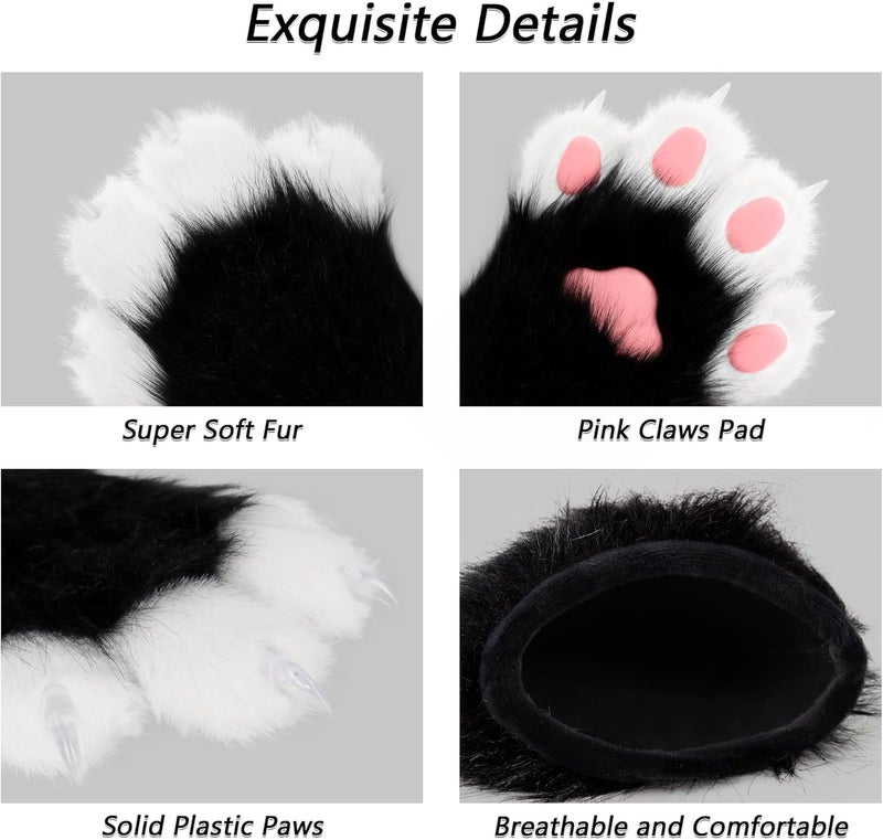 hbbhml Faux Fur Plush Furry Cat Claw Gloves Fursuit Animal Fox Paws Mittens Halloween Cosplay Costume Accessories for Adult - Image 5